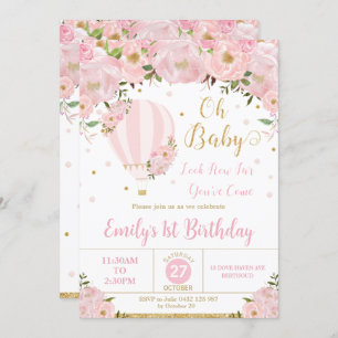 Heißluftballon Rosa Blume 1. Geburtstag Einladung