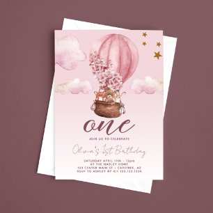 Heißluftballon Rosa Floral 1. Geburtstag Einladung