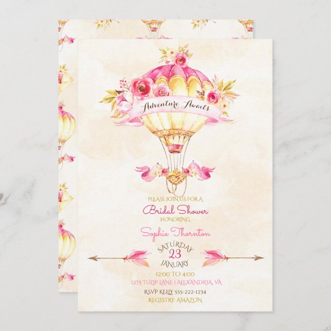 Heißluftballon Rosa Gelbe Rose Einladung (Vorne/Hinten)