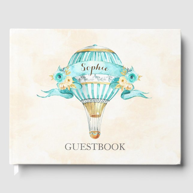Heißluftballon Turquoise Gold Gelbe Rosen Gästebuch (Vorderseite)