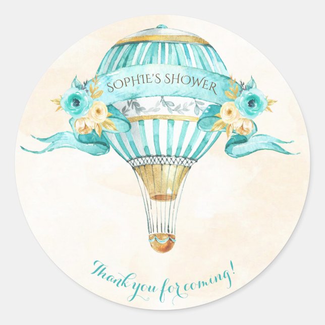 Heißluftballon Turquoise Gold Gelbe Rosen Runder Aufkleber (Vorderseite)