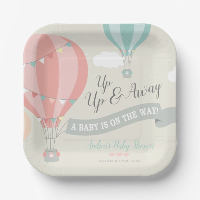 Heißluftballon Up & Away Babydusche Pappteller (Vorderseite)