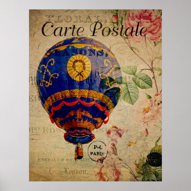 Heißluftballon Vintag Französisches Postkartenpost Poster (Vorne)
