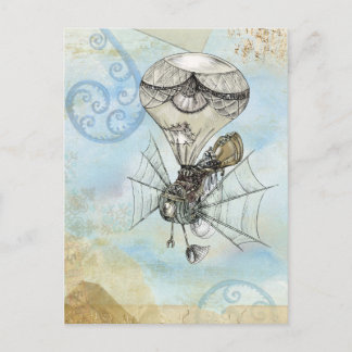 Heißluftballon Vintag Steampunkblau Design Postkarte
