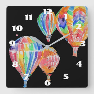 Heißluftballon Wasserfarbe Schwarzes Kinderzimmer Quadratische Wanduhr