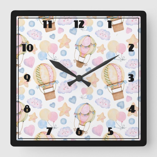 Heißluftballon Wasserfarben Muster Quadratische Wanduhr (Vorderseite)