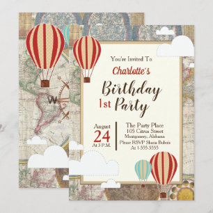 Heißluftballon & Weltkarte Vintages Abenteuer Einladung