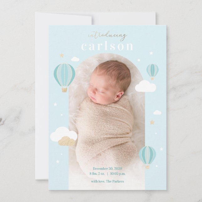 Heißluftballon Wolken Sterne Neugeborene Geburt an Ankündigung (Vorderseite)