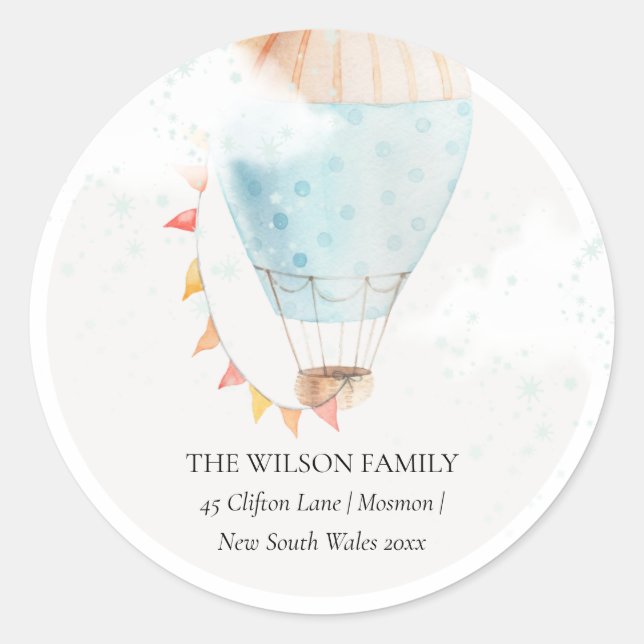 Heißluftballon Wolken Sterne Wir haben bewegte Adr Runder Aufkleber (Vorderseite)