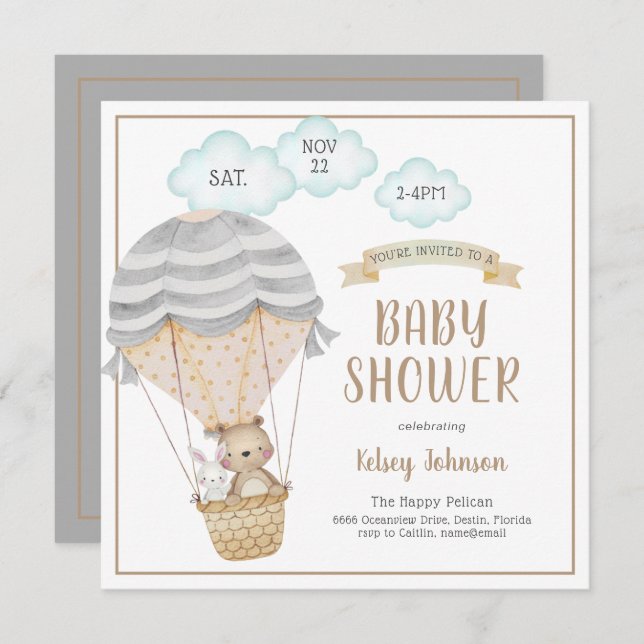 Heißluftballon Woodland Animals Kinderdusche I Einladung (Vorne/Hinten)