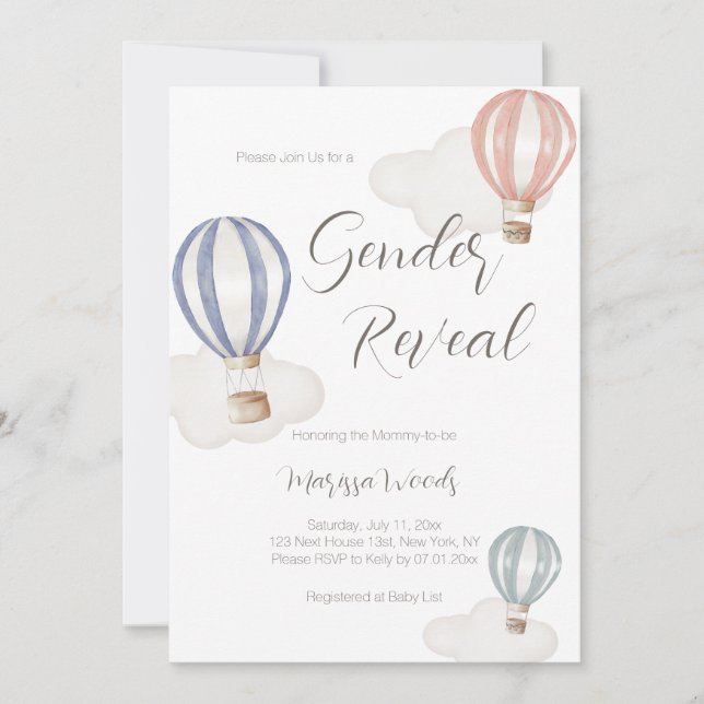 Heißluftballons Geschlecht offenbaren Pastellfarbe Einladung (Vorderseite)