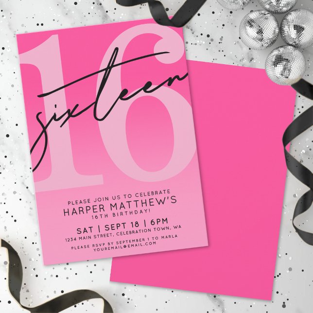 Heißrosa 16. Geburtstag Einladung (Hot Pink 16th Birthday Invitation)