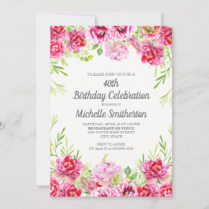 Heißrosa Aquarell-Blumen-Grün 40. Geburtstag Einladung
