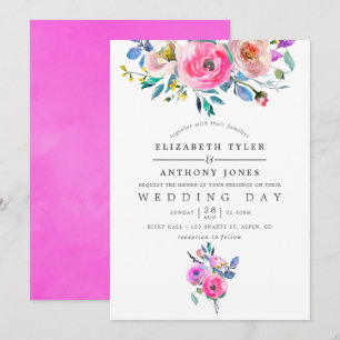 Heißrosa Aquarell-Blumen-Hochzeitseinladung Einladung