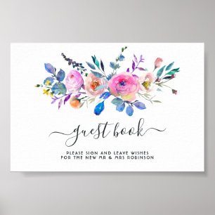 Heißrosa Aquarell-Blumen-Hochzeitsgästebuch Poster