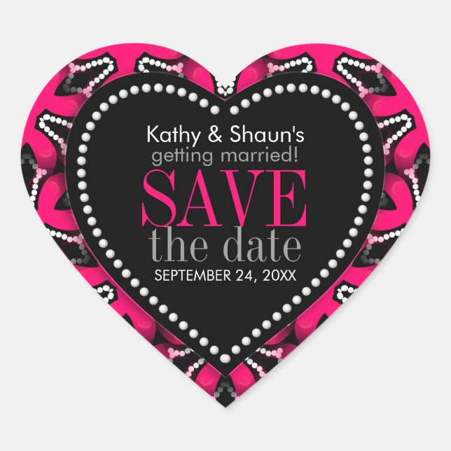 Heissrosa auf Schwarz Moderne Save the Date Liebe Herz-Aufkleber (Vorderseite)