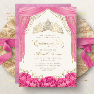Heißrosa Blumendiadem Girly Quinceanera Einladung