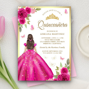 Heißrosa Blumenkleid Schmetterling Gold Quinceaner Einladung