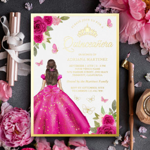 Heißrosa Blumenkleid Schmetterling Quinceanera Gol Folieneinladung