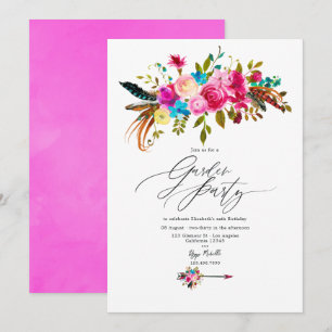 Heißrosa Boho-Chic-Blumengartenparty Einladung