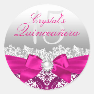 Heißrosa Damast & Perlen-Schleife Quinceanera-Aufk Runder Aufkleber
