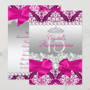 Heißrosa Damast & Perlen-Schleife Quinceanera Einl Einladung