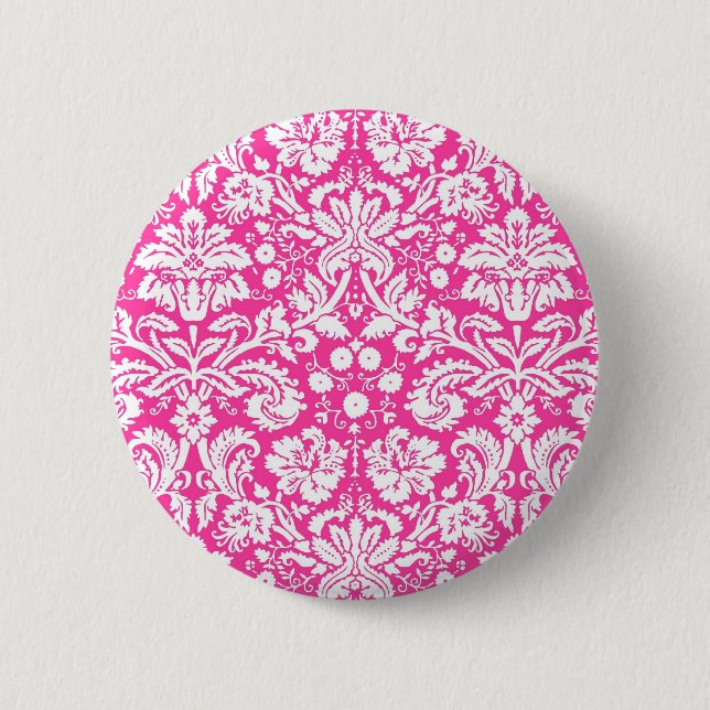 Heißrosa Damastmuster Button (Vorderseite)