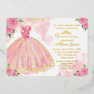 Heißrosa Floral Quinceanera Folieneinladung