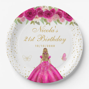 Heißrosa Florale Blondhaar-Prinzessin-Geburtstag Pappteller