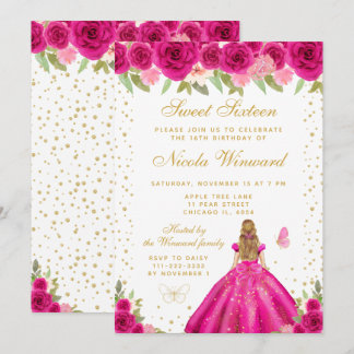 Heißrosa Florale Blondhaar-Prinzessin Sweet Sixtee Einladung