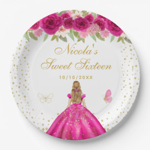 Heißrosa Florale Blondhaar-Prinzessin Sweet Sixtee Pappteller
