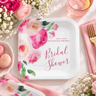 Heißrosa Florale Hochzeitsdusche Pappteller
