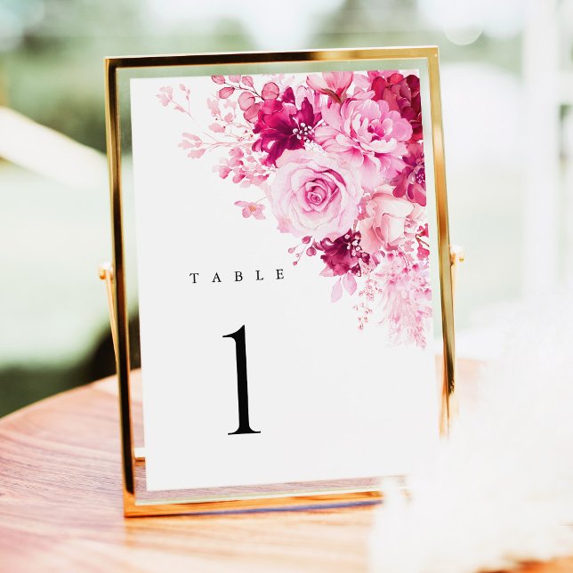 Heißrosa florale Hochzeitstischnummern (Hot Pink Floral Wedding Table Numbers, Elegant Fuchsia Rose Reception Table Number Card, Gold Decor)