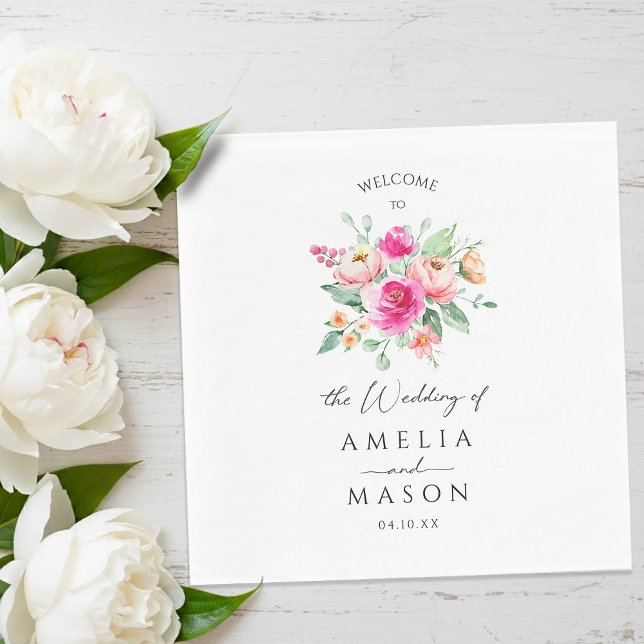 Heißrosa Florale Wasserfarben Hochzeit Serviette (Hot Pink Floral Watercolor Wedding Napkins)