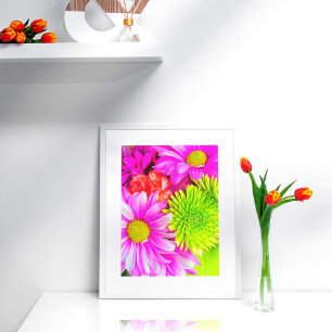 Heißrosa Gänseblümchen und grüne Chrysanthemen Pos Poster
