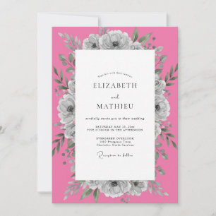 Heißrosa gedämpfte graue Blumenhochzeit Einladung