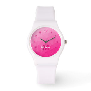 Heißrosa geometrisches Mesh-Muster Monogramm Armbanduhr
