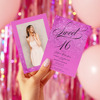 Heißrosa-glitter-Ombre-Schriftzug-Foto-Sweet-16 Einladung