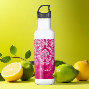 Heißrosa-Grunge-Damask-Muster benutzerdefinierter Trinkflasche