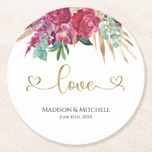 Heißrosa Magenta Florales Elegantes Gold Schrift H Runder Pappuntersetzer