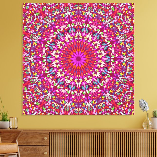Heißrosa Mandala – Premium Leinwand mit strahlende (Insitu (Wohnzimmer))