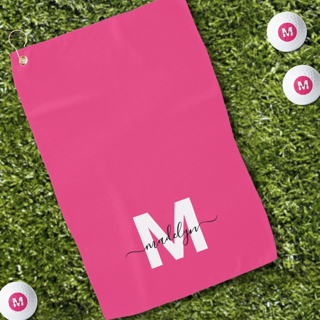 Heißrosa Monogramm Golfhandtuch (Hot Pink Monogram Golf Towel)