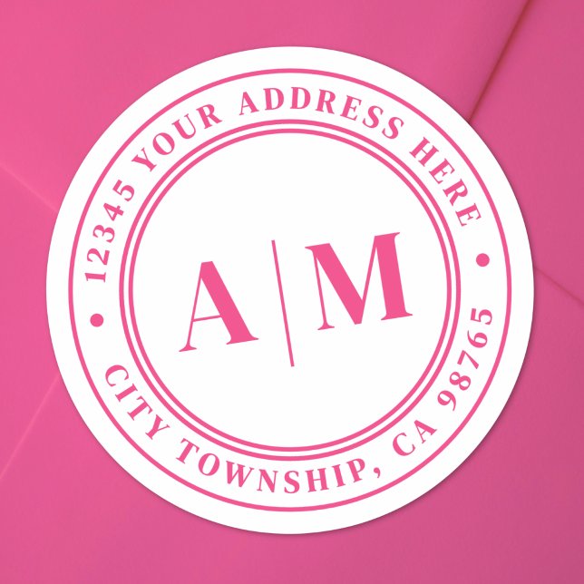 Heißrosa Monogramm Rücksendeadresse Runder Aufkleber (Hot Pink Monogram Return Address Classic Round Sticker )