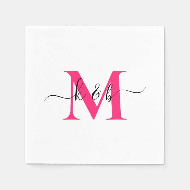 Heißrosa Monogramm Swash-Schrift Weiß Cocktail  Serviette (Vorderseite)