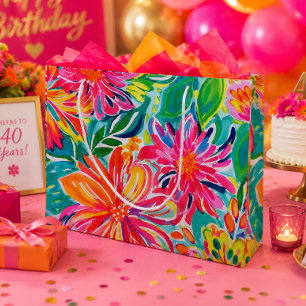 Heißrosa-orange-tropische-Aquarell-Blumen  Große Geschenktüte