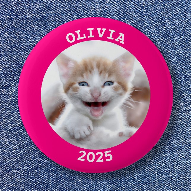 Heißrosa personalisierter runder Bilderrahmen Button (Hot Pink Personalized Round Photo Frame Button)