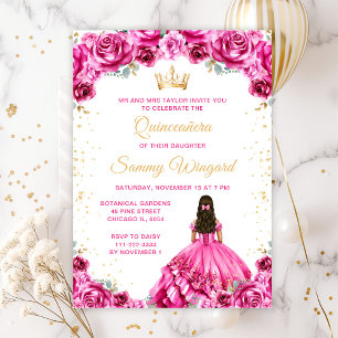 Heißrosa Prinzessin Floral Quinceañera Einladung