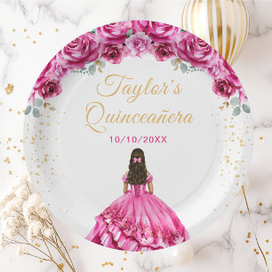 Heißrosa Prinzessin Floral Quinceañera Pappteller