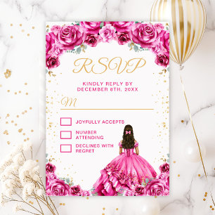 Heißrosa Prinzessin Floral Quinceañera RSVP Karte