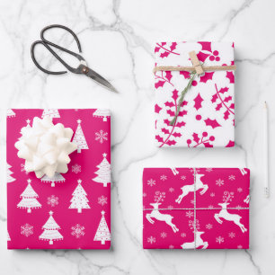 Heissrosa Rentier, Weihnachtsbäume und Holly Geschenkpapier Set